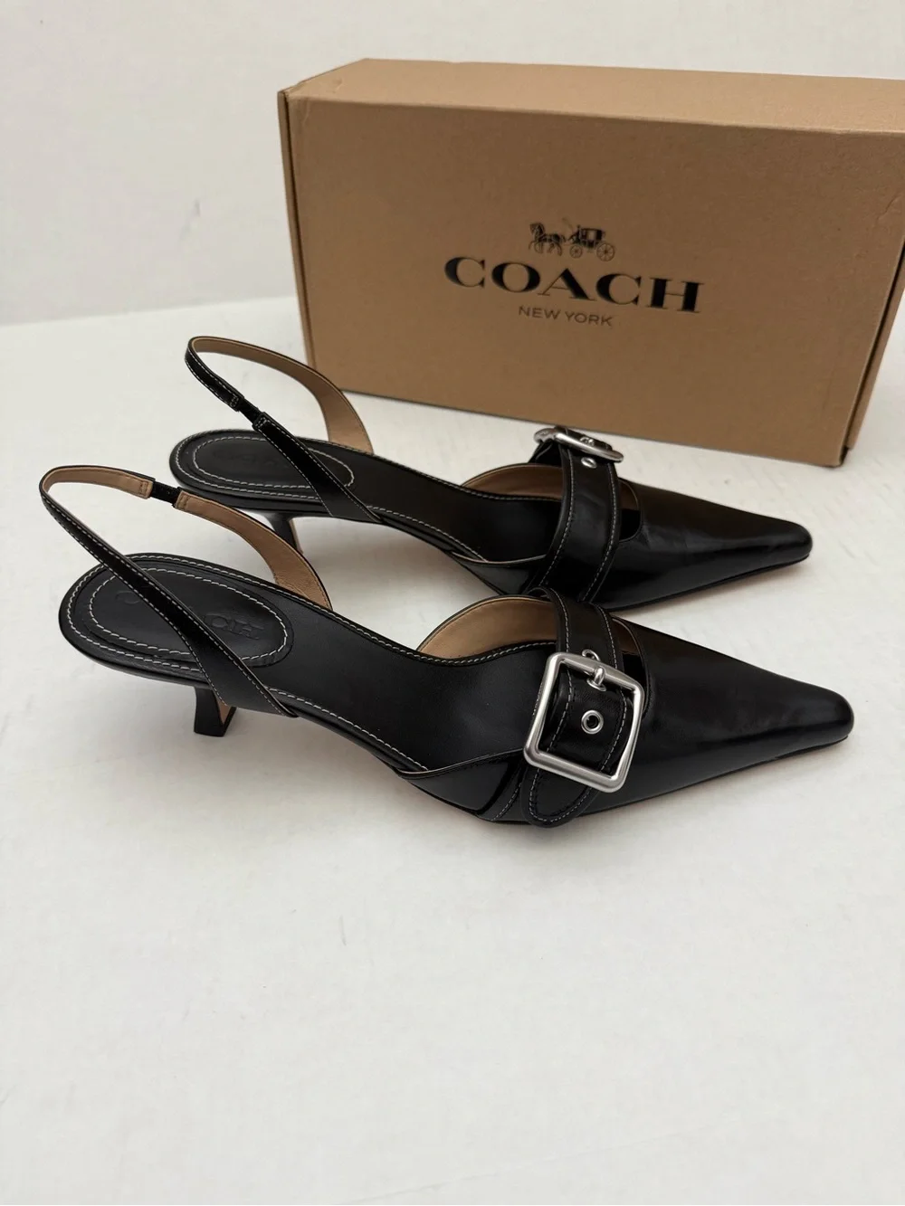 Coach Margot Black Leather Slingback Pump with Silver Buckle Size 10